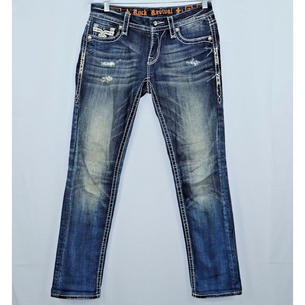 Rock Revival MONA Cuff Straight Distressed Jeans Women’s Size 28 Embellishment